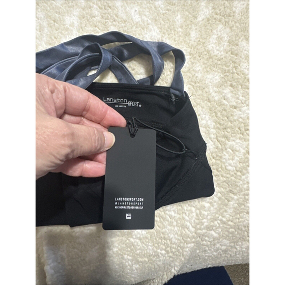 Lanston Sport Bra Cropped XS Top Padded Black And Grey Crisscross Back NWT - Picture 7 of 7